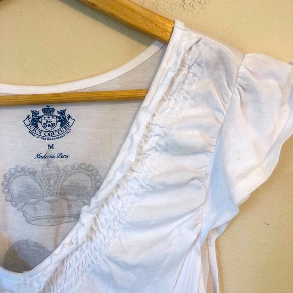 Juicy Couture V-Neck Ruffled Graphic Tee Shirt White - Picture 3 of 7